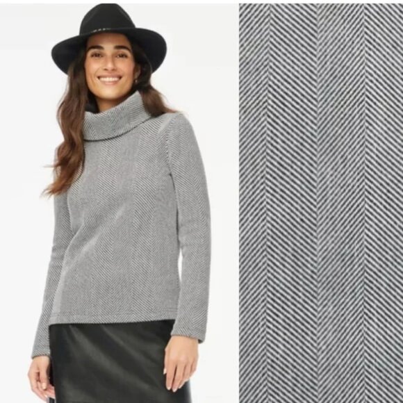 J. Crew NWT Fleece Lined Funnelneck Herringbone Black Ivory Pullover Sweater - Picture 13 of 15